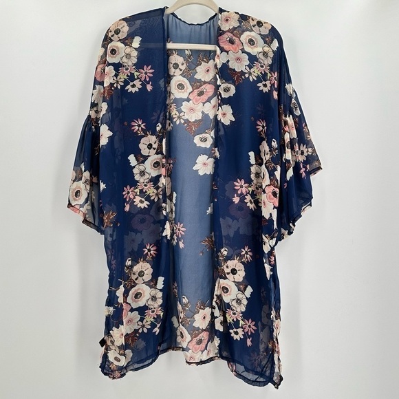 RIKKA The Cherry Blossom Kimono Navy Floral Open Front Women’s Sheer One Size - Picture 1 of 9